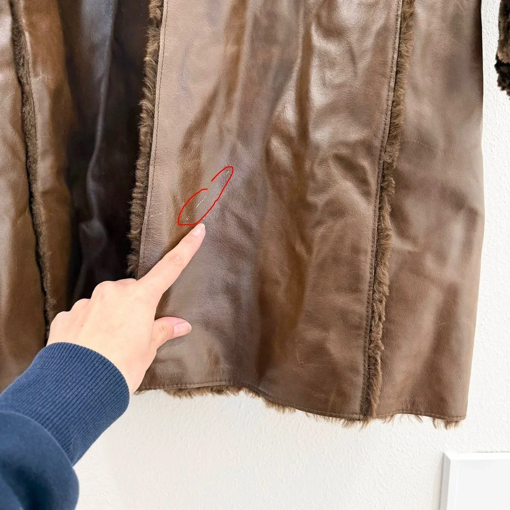 Vintage Y2K Penny Lane 70s Retro 100% Leather Faux Fur Kenneth Cole Brown Coat M - Picture 10 of 13